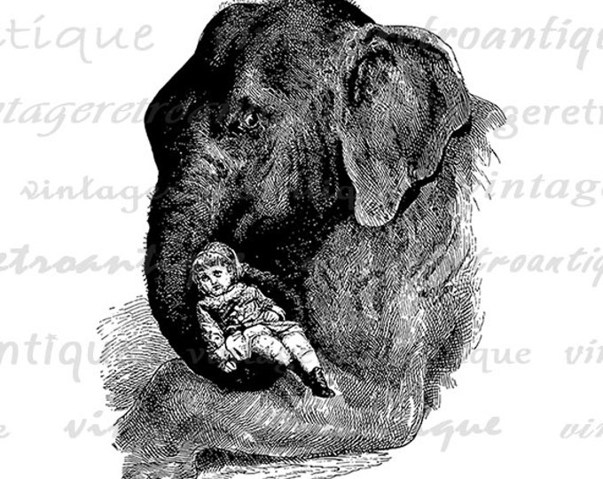 Printable Graphic Elephant with Girl Image Illustration Download Digital Antique Clip Art Jpg Png Eps HQ 300dpi No.3333