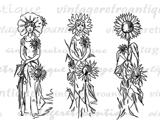 Printable Graphic Sunflower Woman Antique Image Download Digital Vintage Clip Art for Transfers Making Prints etc HQ 300dpi No.2099