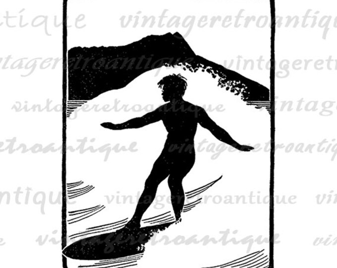 Surfing Silhouette Graphic Digital Printable Download Image Artwork Vintage Clip Art Jpg Png Eps HQ 300dpi No.2193