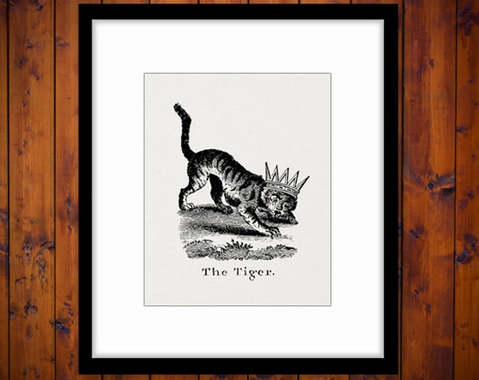 Printable Tiger with Crown Image Digital Cat Graphic Illustration Download Vintage Clip Art Jpg Png Eps HQ 300dpi No.1079