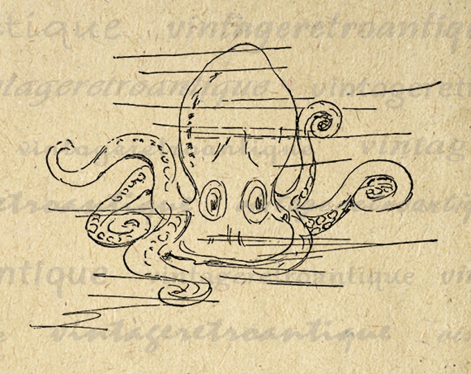 Cute Octopus Graphic Digital Image Download Cartoon Illustration Printable Vintage Clip Art for Transfers Printing etc HQ 300dpi No.1970