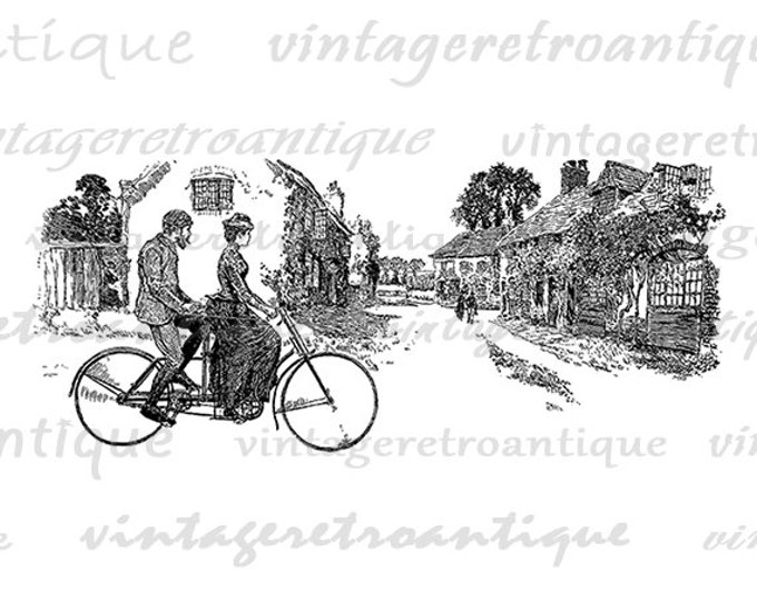 Digital Cycling Through an English Village Image Graphic Bicycle Printable Download Vintage Clip Art Jpg Png Eps 18x18 HQ 300dpi No.3664