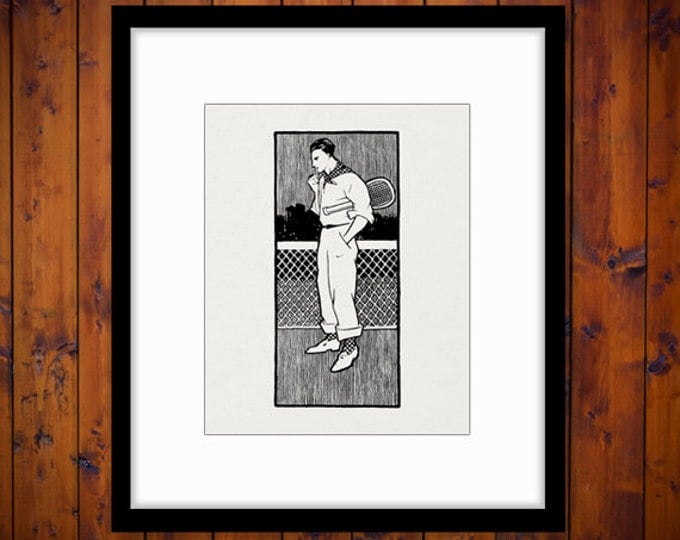 Vintage Tennis Player Digital Image Graphic Download Tennis Printable Antique Clip Art Jpg Png Eps HQ 300dpi No.4178