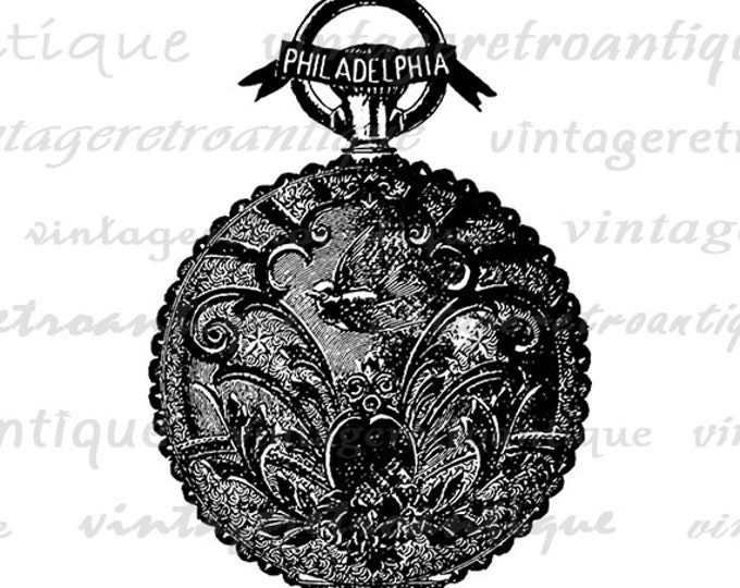 Printable Digital Antique Pocket Watch Birds Graphic Pocketwatch Image Download Vintage Clip Art Jpg Png Eps HQ 300dpi No.1686