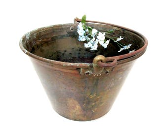 Antique Brass Water Bucket, Large Water Pail, Functional or Decorative Old Water Bucket, Rustic Primitive Decor, Farmhouse Decor