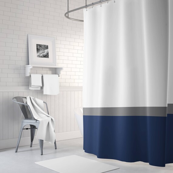 Color Block Shower Curtain Grey White Navy Blue OR ANY