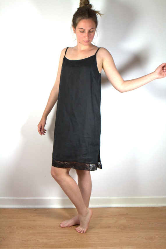 Black Linen Nightgown Slip Nightdress Women's Sleepwear