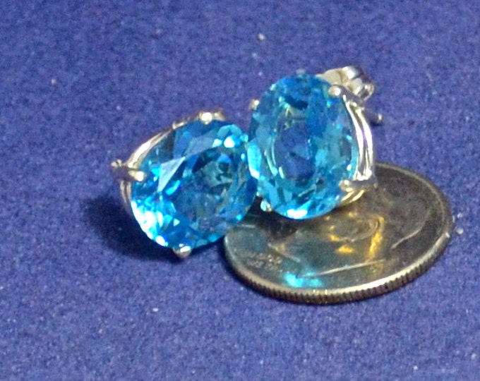 Swiss Blue Topaz Studs, 11x9mm, Natural, Set in Sterling Silver E991