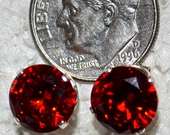 Sale Red Zircon Studs, 9mm Round, Natural, Set in Sterling Silver E1001