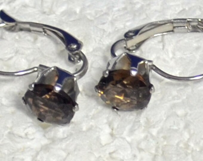 Smoky Quartz Leverback Earrings, 8mm Round, Natural, Set in Stainless Steel E1046