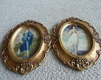 Vintage Prints Blue Boy and Pinkie in Ornate Antique Gold Plastic Composite Frames 12 3/4" X 9 3/4"