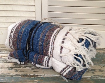 Mexican Falsa Blanket 4" Fringe 50x75 Picnic Blanket Winter Throw, Blue BLack Gray and White
