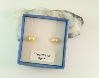 Golden Freshwater Pearl Stud Button Earrings Sterling Silver 6-7mm