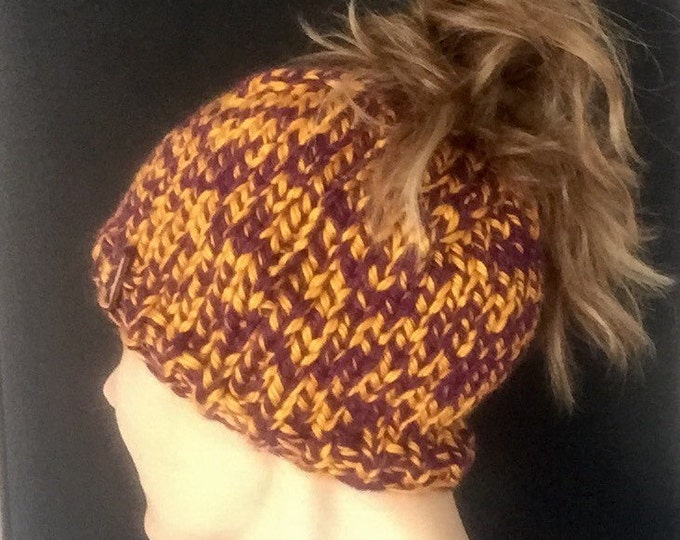 Purple and Gold Messy Bun Hat, Plum and Golden Yellow Bun Beanie, Team Spirit Pony Tail Hat, Pony Tail Beanie Vikings, Camels,