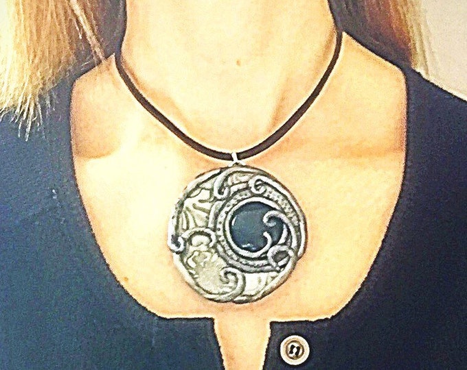 Oxidized Onyx Large Moon Pendant on Black Leather Choker, Tooled Stamped Silver Moon Necklace with Black Onyx Healing Crystal