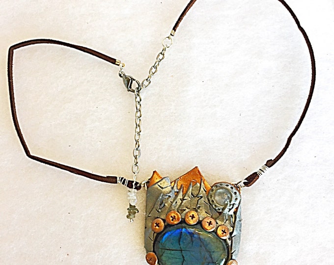 Large Blue Labradorite and Moonstone Mountain Scene Pendant Mountain Scene Suede Leather Choker, Bronze and Silver Steampunk