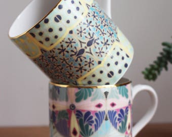 Printed ceramic mug, with gold detail by Hannah Davies