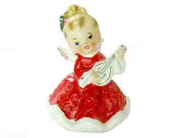 Angel Figurine with Mandolin, Vintage Lefton 7074, Vintage Christmas Decor, Retro