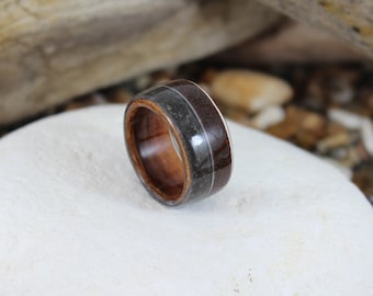Wood Ring with Dinosaur Bone, Meteorite and a Guitar String. Meteorite Ring, Dinosaur Bone Ring, Handmade Wooden Rings In Any Size