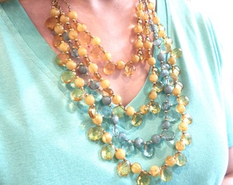 Statement Necklace, Multi Strand Briolette Necklace, Bib Necklace, Blue and yellow briolette necklace
