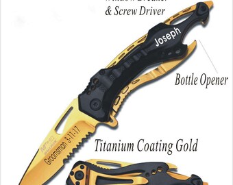 Anniversary Gift- Personalized Knife, Engraved Rescue , Custom Hunting Pocket Knife/ Window Breaker, Screw Driver, Bottle Opener