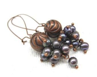 Copper Anniversary gift for wife Beautiful pearl earrings long copper earrings Dark pearls jewelry gray freshwater pearl wedding earrings