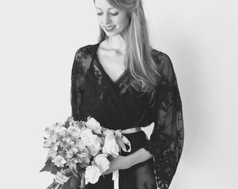 HELENA Black guipiere lace kimono - getting ready bridal kimono, valentines day, lingerie, trousseau, honeymoon, Valentine's Day gift