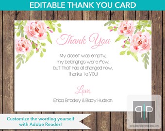 INSTANT DOWNLOAD Girl Floral Baby Shower Thank You Card, Printable Roses Baby Shower Thank You Card, Editable Baby Shower Thank You Card