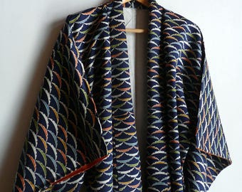 Japanese vintage kimono - dark blue - dewy grass/snow flake print - synthetic fabric - WhatsForPudding #1006