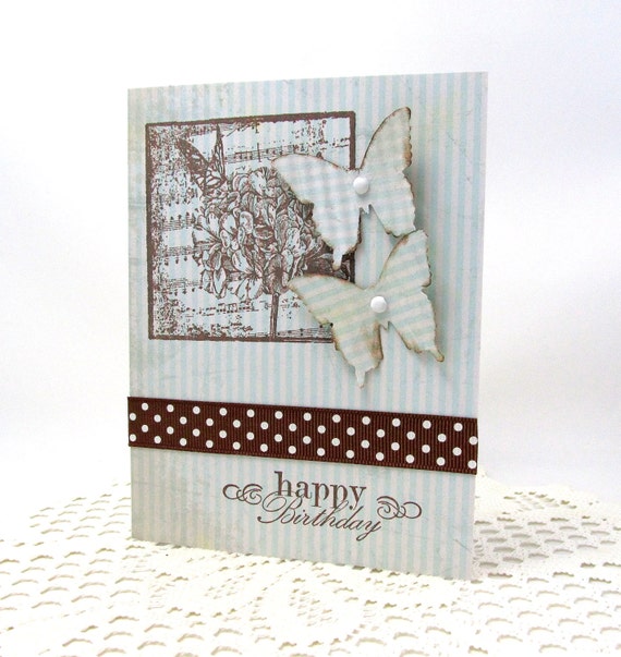 Spring Birthday Card - Butterfly Birthday Card - Happy Birthday - Light Blue and Brown Card - Happy Birthday - Blank Card - Butterflies