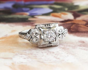 Art Deco Engagement Ring Vintage Circa 1930's Box Set Diamond Engagement Ring 18k White Gold