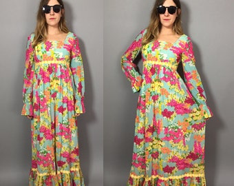 Vintage Floral Maxi Dress / 1960s Boho Dress / Boho Maxi Dress / Long Hippie Dress / Boho Hippie Dress / Boho Dress Small / Lilly Pulitzer