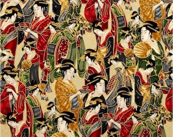 Metallic Japanese Fabric by the Yard, Novelty, Cotton, Quilt, Asian, Gold, Geisha, Imperial, Green, Red, Black, Home Decor, Apparel, Craft