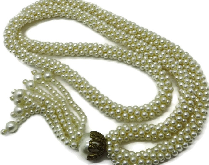 Vintage Faux Pearl Multistrand Necklace with Tassel End, Long Beaded Necklace