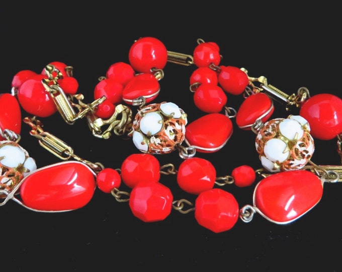 Hattie Carnegie Red and White Beaded Necklace, Vintage Designer Goldtone Necklace