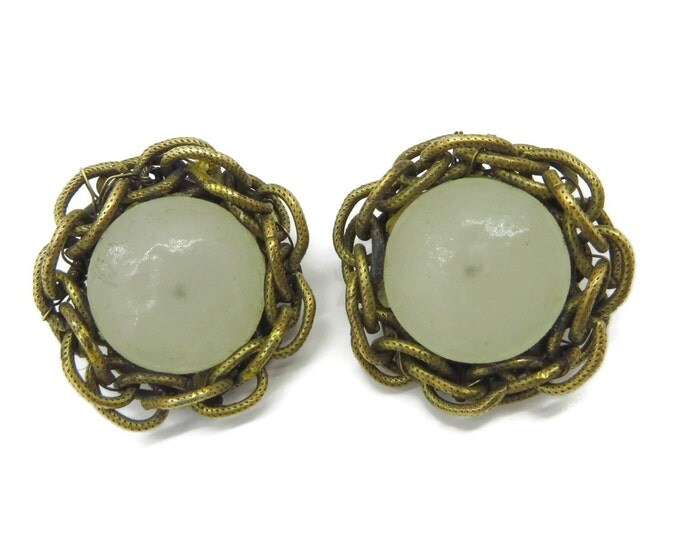 Miriam Haskell Braided Brass and Glass Button Earrings, Vintage Clip-on Earrings