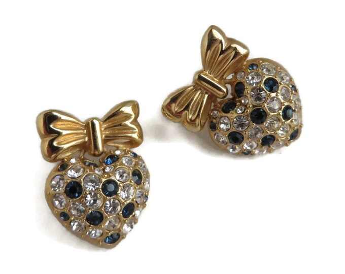 Rhinestone Heart Earrings - Vintage Blue and White Rhinestone Gold Tone Bow and Heart Pierced Studs, Gift idea