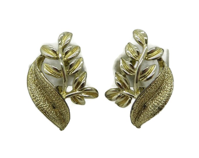 Vintage Coro Earrings, Goldtone Clip-on Earrings, Leaf Earrings, Signed Coro Jewelry