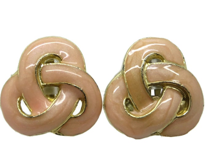 Celtic Knot Earrings, Vintage Salmon Pink Earrings, Enameled Goldtone Clip-on Earrings