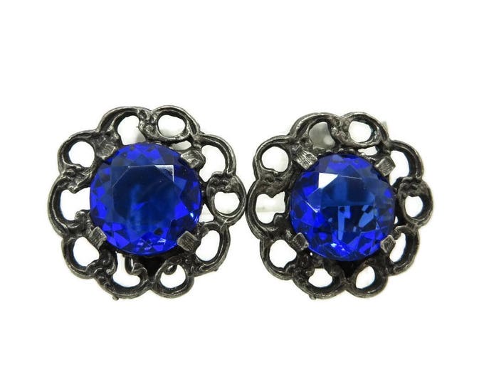 Blue Rhinestone Earrings, Signed Designer Flower Clip-ons, Vintage Star Jewelry, Valentine's Day Gift