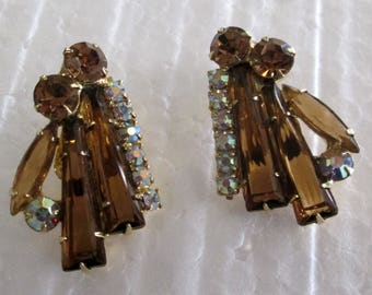 Long Amber Baguettes & Aurora Borealis Clip Earrings