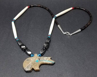 Hand Carved Marble Stone Zuni Bear Fetish Necklace