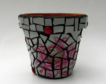 Gray and Pink Mosaic Flower Pot-home decor-garden decoration-planter-patio decoration-indoor gardening-small mosaic pot-ceramic pot