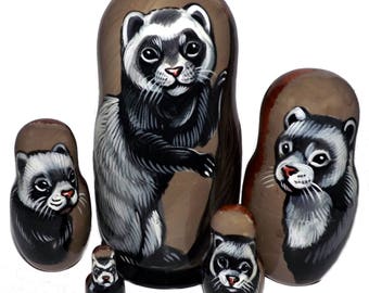 Ferret on Russian Nesting Dolls. Country Side.