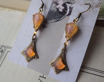 Art Deco ~ Yellow Amber Earrings ~ Vintage Glass ~ Harlequin Opal Earrings ~ Dangle Earrings ~ by LadyofTheLakeJewels