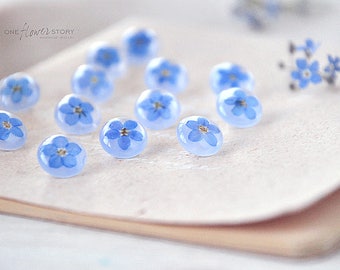 Set of Botanical Buttons. Pearlescent floral Handmade button with real forget-me-not flowers. Blue sewing buttons. For knitting