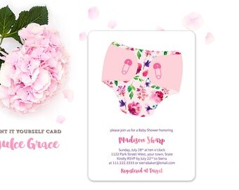 diaper invitations, diaper party invites, baby shower invitations, baby shower invites, cute baby shower invitation, floral baby shower, pdf