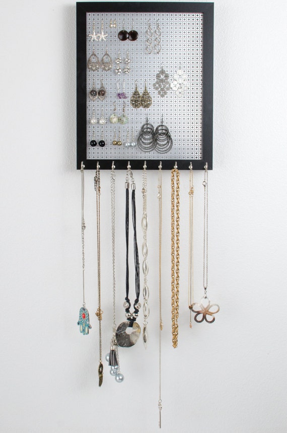 Hook Earring & Necklace Organizer 8x10 Black Frame Hanging
