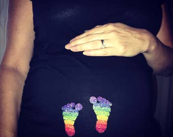 Rainbow Baby Maternity T-Shirt with Glitter Baby Feet | Pregnancy Shirt | Small Thru Plus Size Maternity