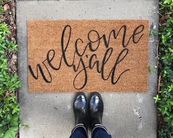Hand painted, Custom Coir Front Door Welcome Mat | "Welcome Y'all" | Personalized Doormat | Housewarming Gift